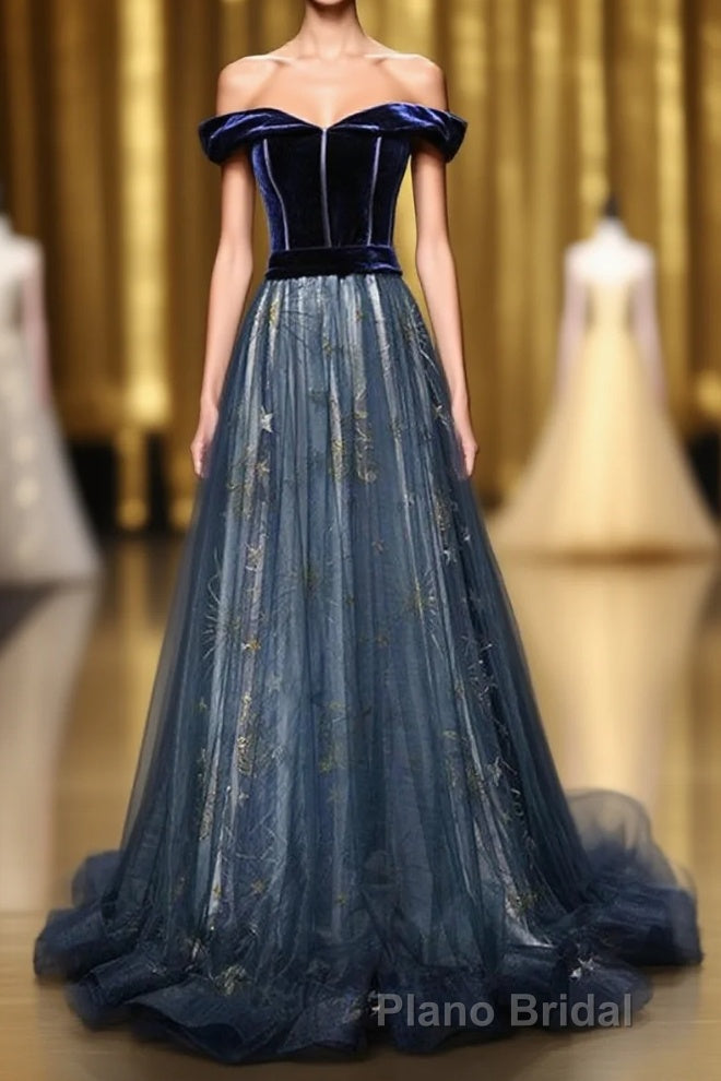 Elegant Off the Shoulder Velvet Floor Length Long Evening Dresses Formal Prom Dresses Main image