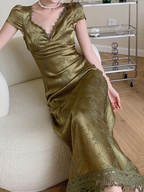 Summer Elegant Women Satin Backless Short Sleeve Lace Sexy Bandage Vintage Bodycon Vestidos Female Fashion Robe New Prom Dress