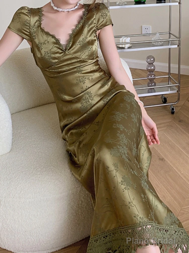 Summer Elegant Women Satin Backless Short Sleeve Lace Sexy Bandage Vintage Bodycon Vestidos Female Fashion Robe New Prom Dress