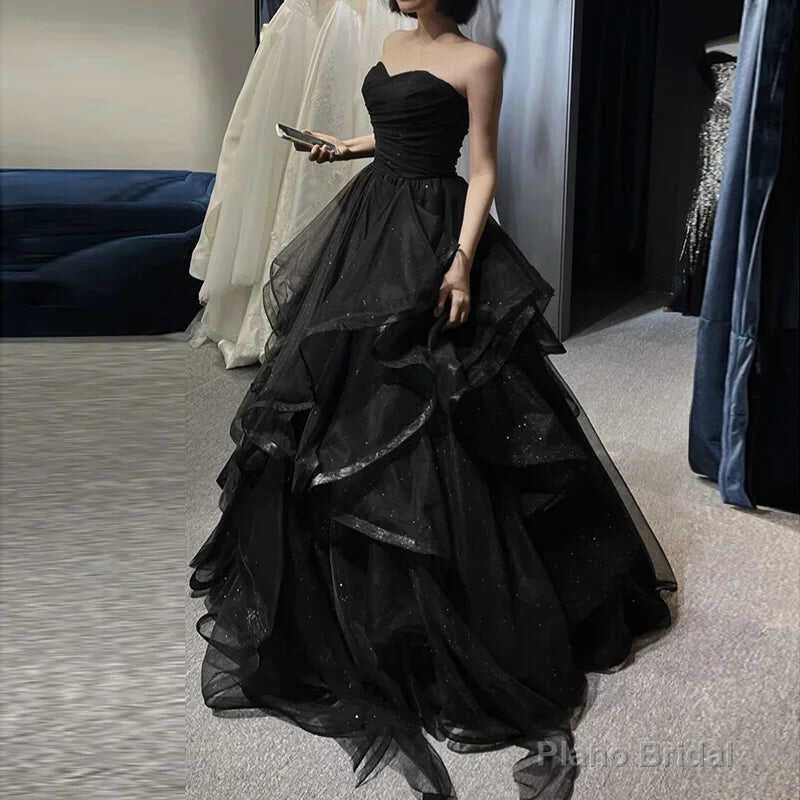 Black Elegant Party Prom Dresses Strapless Tiered Draped Ball Gown Formal Dress Women Robe Secondary image