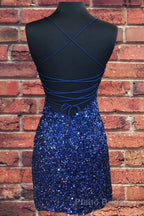 Lace-Up Navy Blue Tight Mini Party Dresses