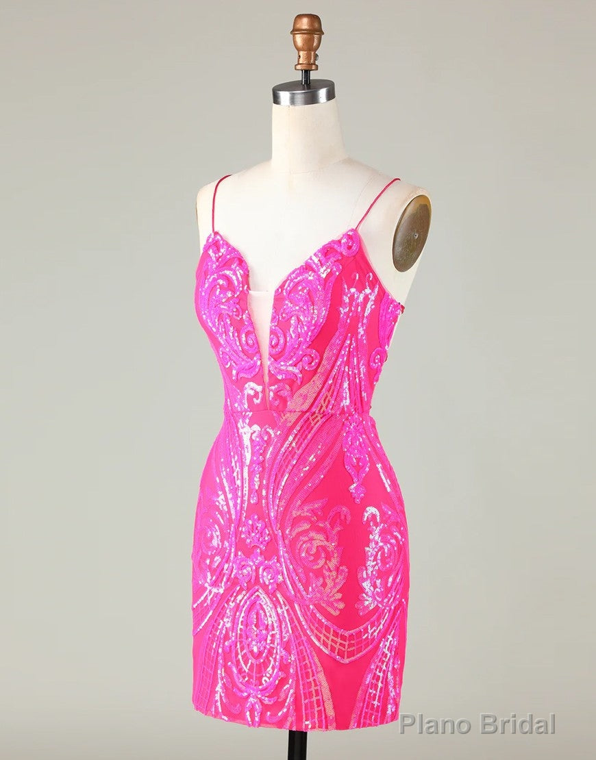 Sparkly Hot Pink Spaghetti Straps Tight Sequins Homecoming Dress Secondary image