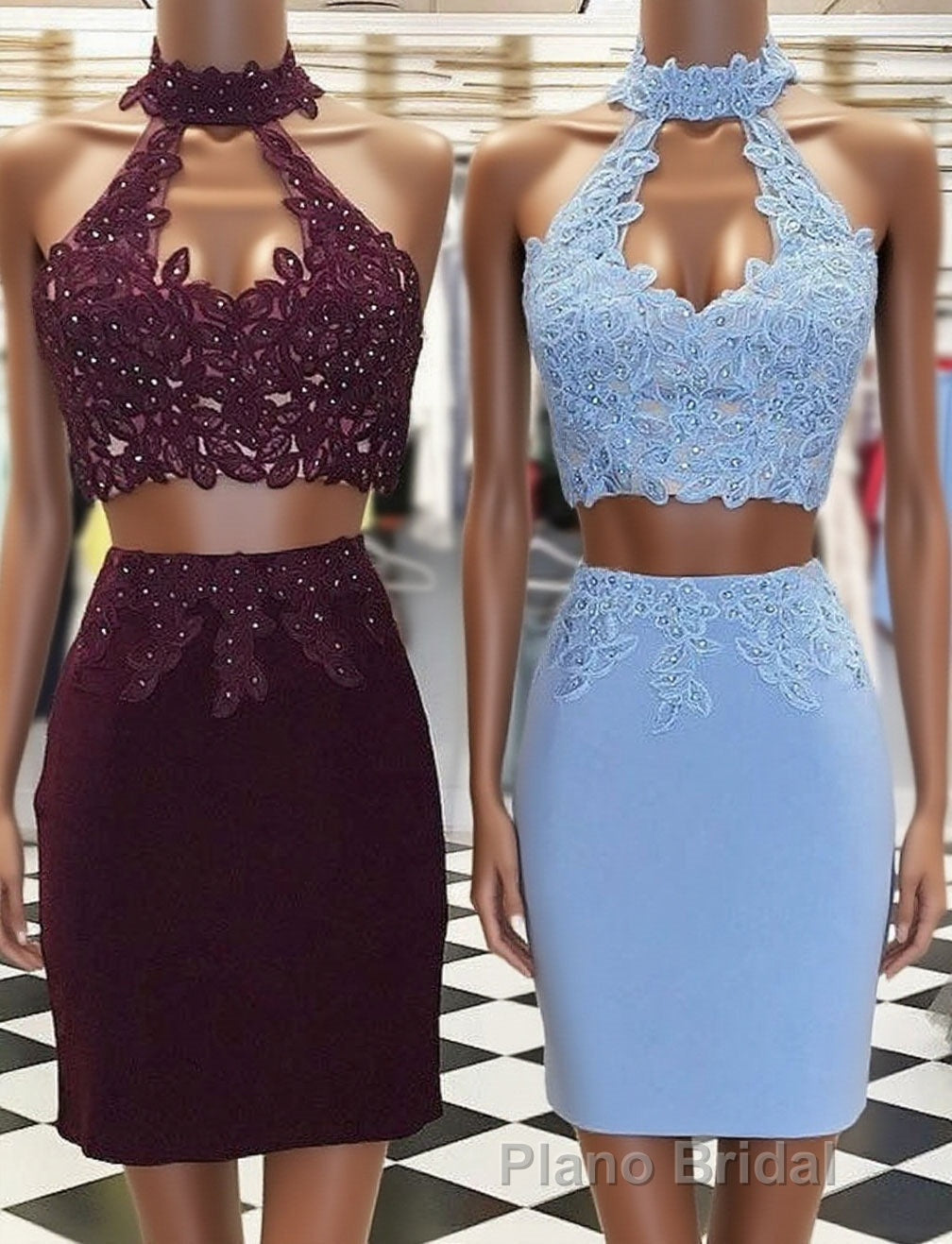 Two Piece Tight Short Burgundy-Blue Homecoming Dresses with Key Hole Main image