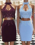 Two Piece Tight Short Burgundy-Blue Homecoming Dresses with Key Hole