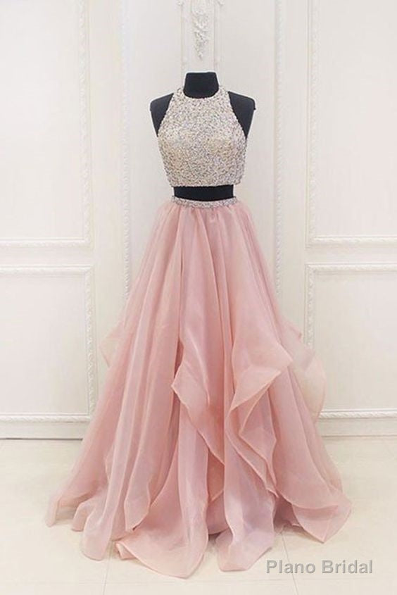 Dazzling Halter Organza Pink Two Piece Long Prom Dress Graduation Sweet 16 Dress