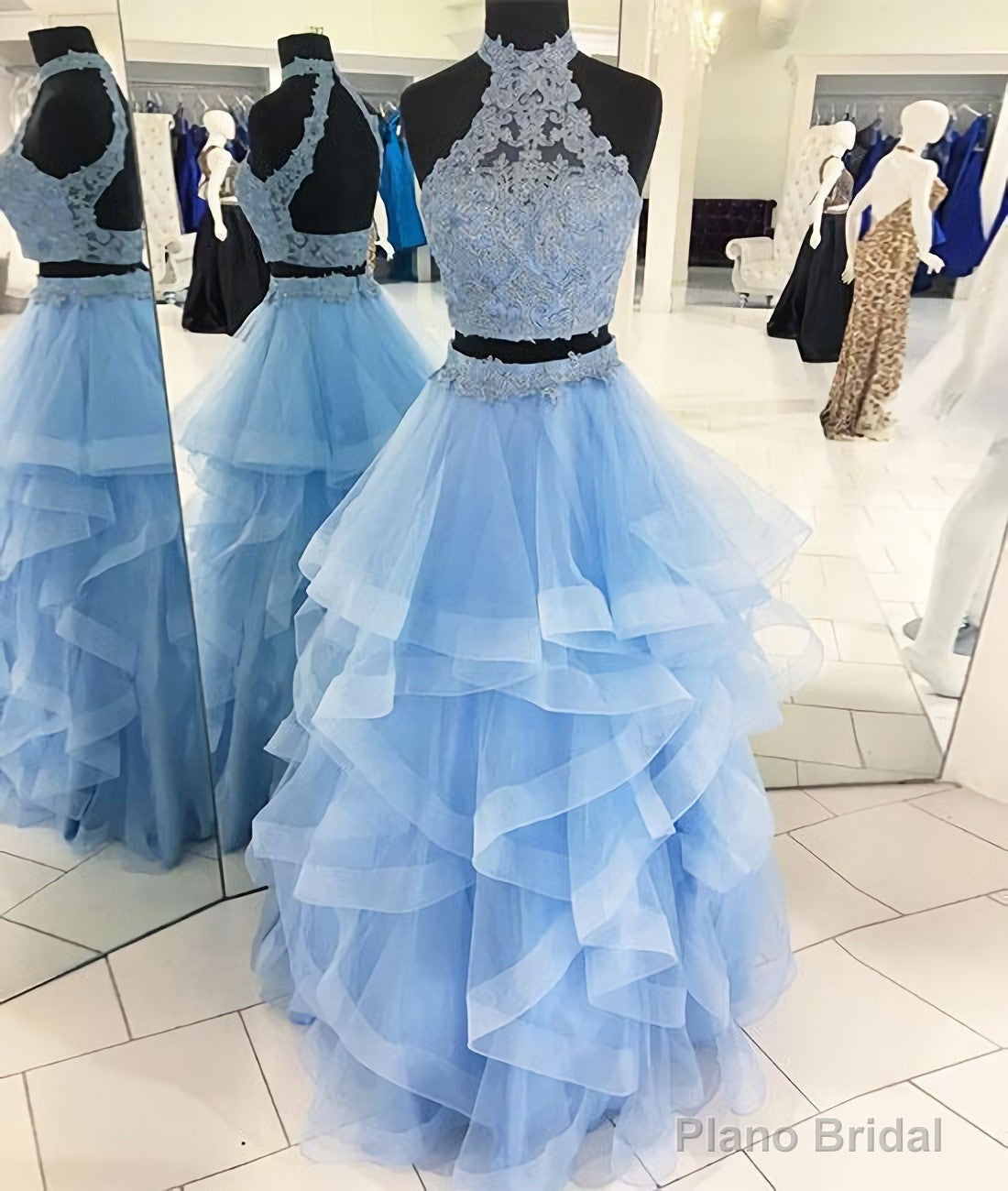 Two Pieces Blue Tulle Lace Long Lace Blue Prom Dresses Main image
