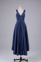A Line Formal Satin V Neck High-Low Formal Prom Dresses