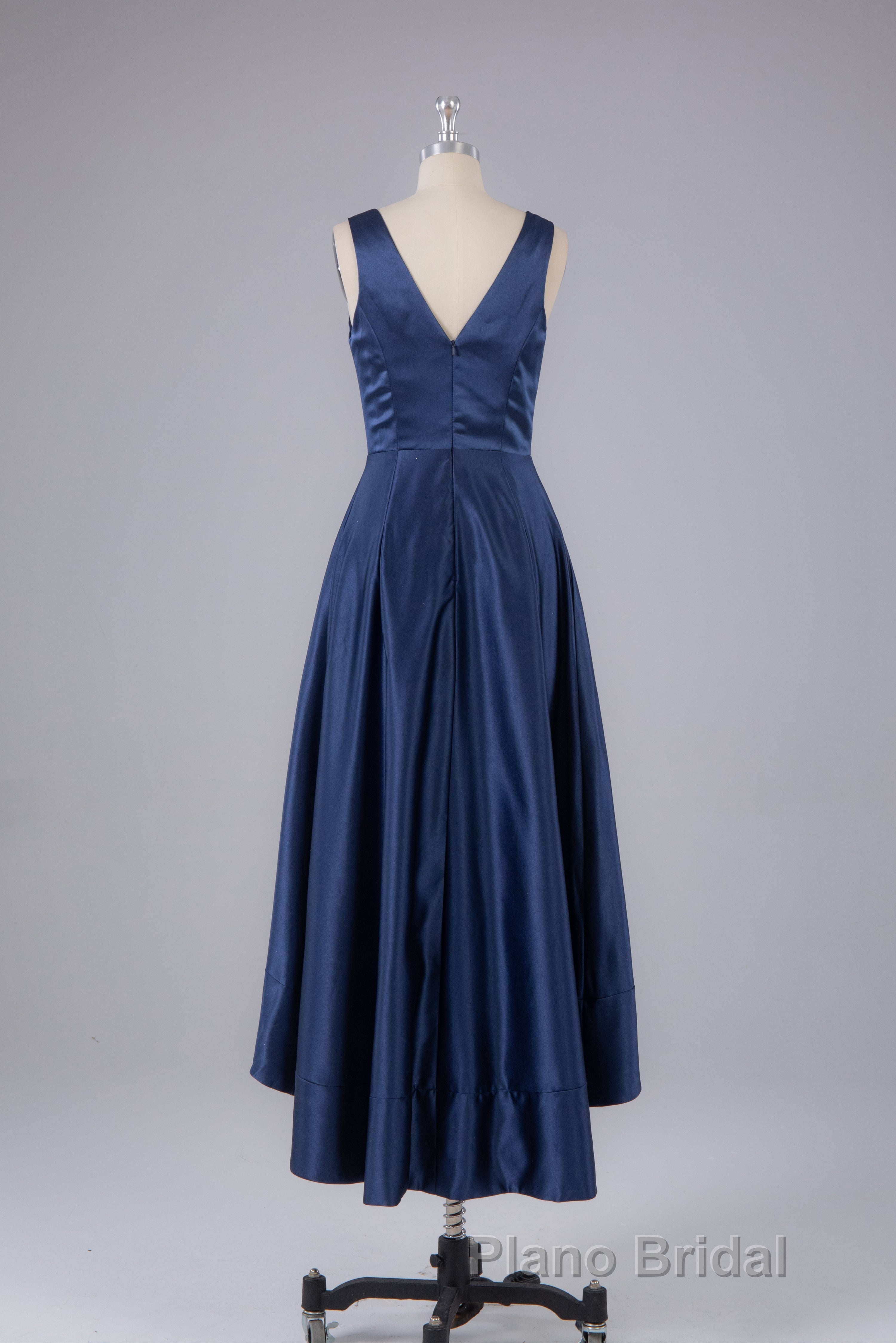 A Line Formal Satin V Neck High-Low Formal Prom Dresses