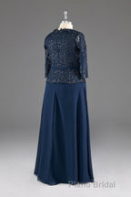 Navy V-Neck Long Sleeves Lace Appliques Chiffon Formal Prom Dresses