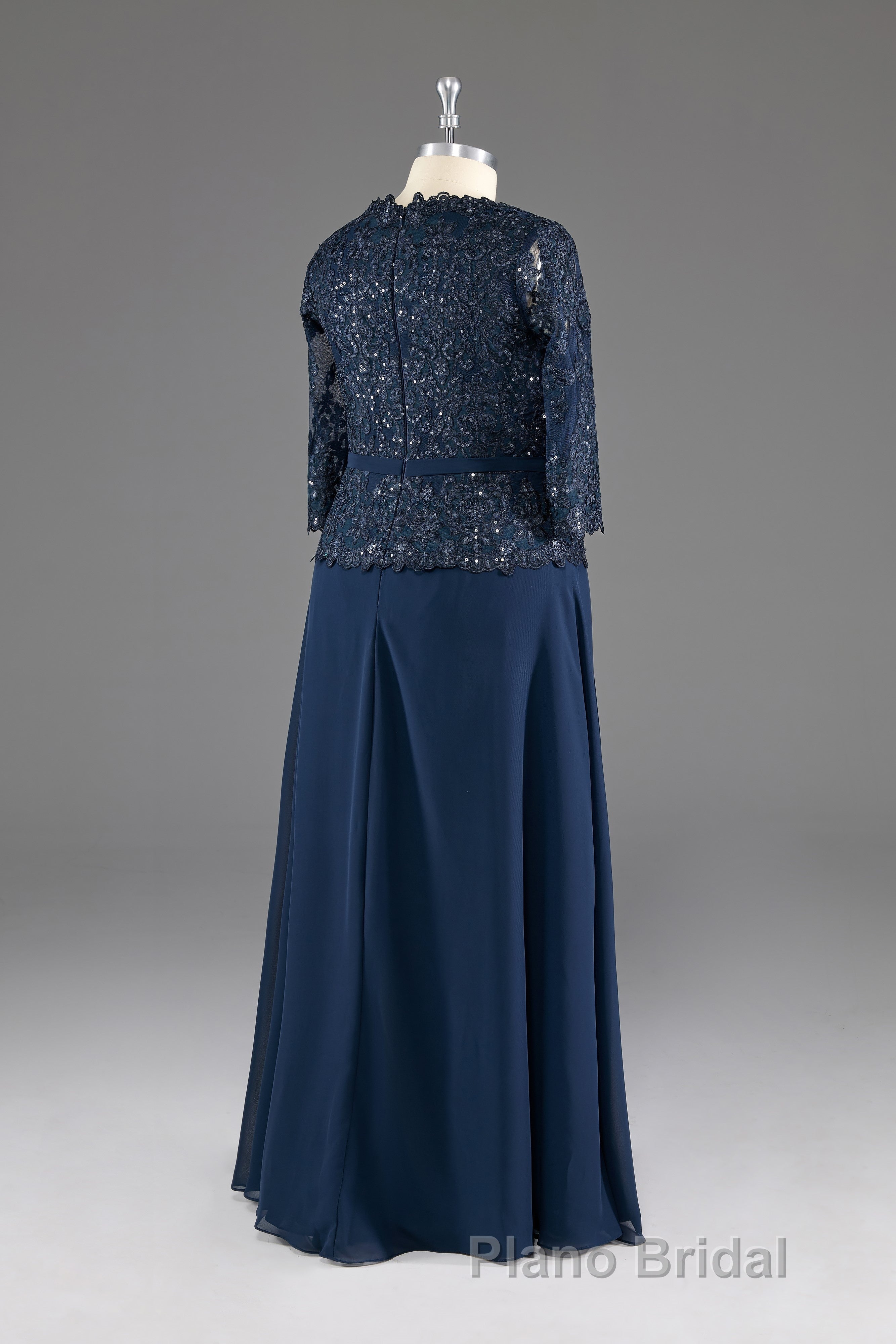 Navy V-Neck Long Sleeves Lace Appliques Chiffon Formal Prom Dresses