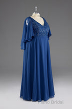 A-line V-Neck Short Sleeves Chiffon Mother of The Bride Dresses
