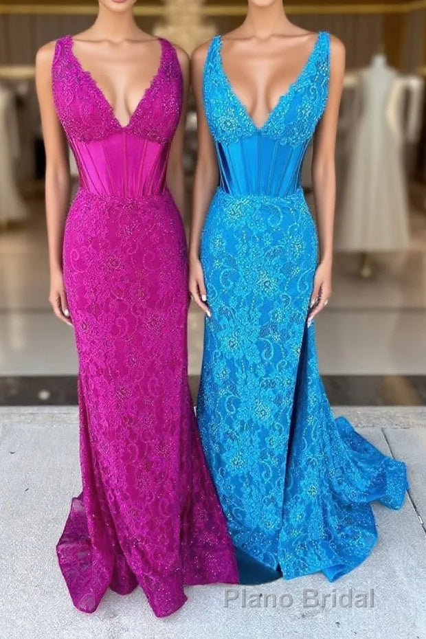 Glitter Navy Mermaid Sweep Train Formal Prom Dresses With Slit Main image