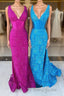 Glitter Navy Mermaid Sweep Train Formal Prom Dresses With Slit