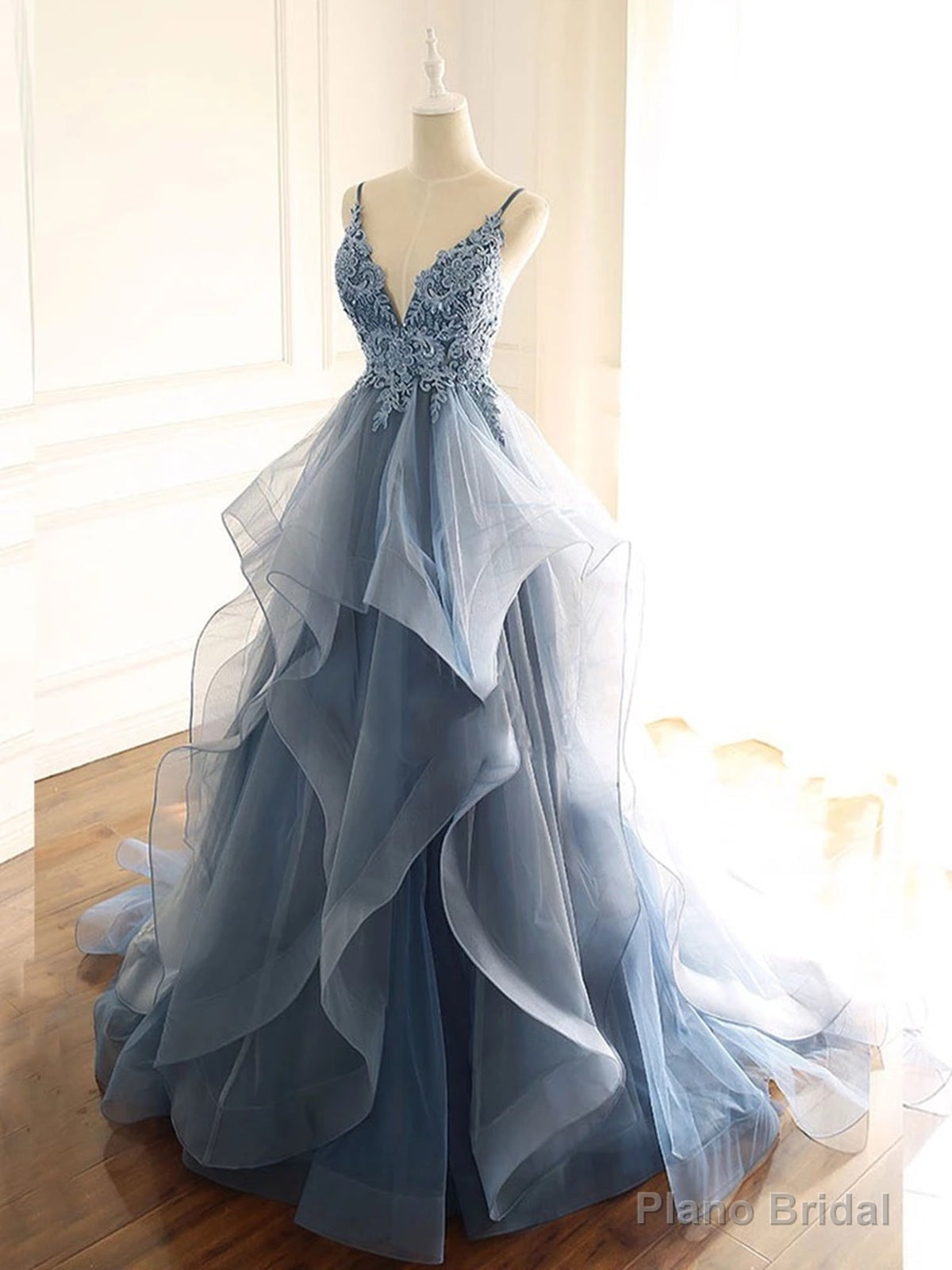 V Neck Blue Gray Lace Prom Dresses, Blue Gray Lace Formal Graduation Prom Gown Secondary image
