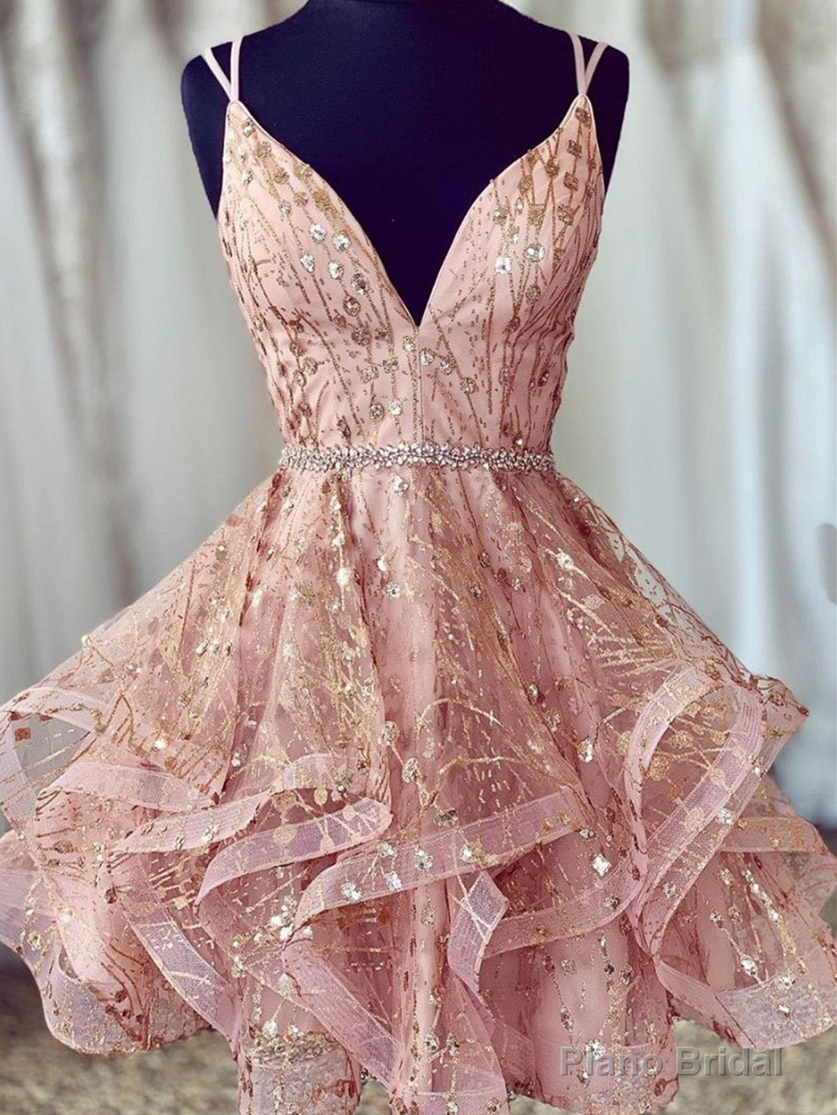 V Neck Short Champagne Lace with Corset Back Short Lace Homecoming Dresses Main image