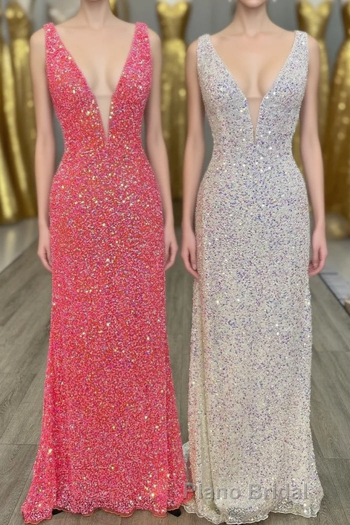 V neck Sequin Mermaid Long Formal Prom Dresses