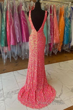 V neck Sequin Mermaid Long Formal Prom Dresses