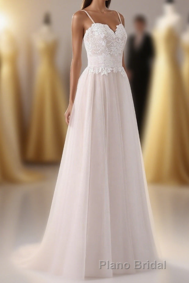Girly Spaghetti Straps Long A-line Floor Length Wedding Dresses