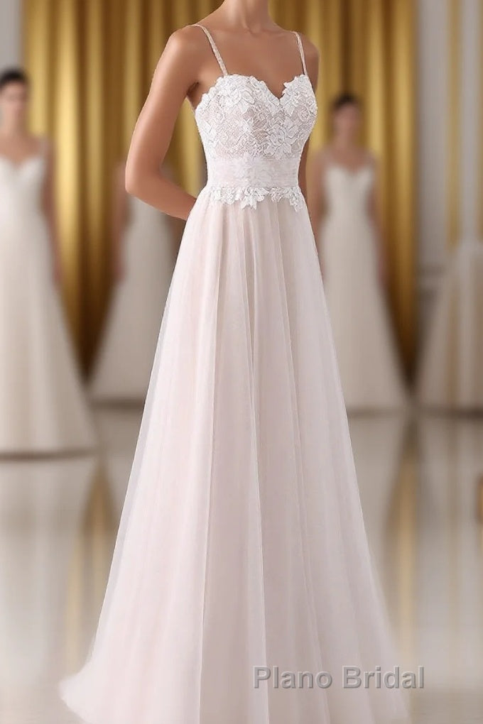 Girly Spaghetti Straps Long A-line Floor Length Wedding Dresses