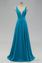 Elegant A-Line Sexy V Neck Gold Long Modest Side-Slit Blue Bridesmaid Dress