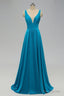 Elegant A-Line Sexy V Neck Gold Long Modest Side-Slit Blue Bridesmaid Dress