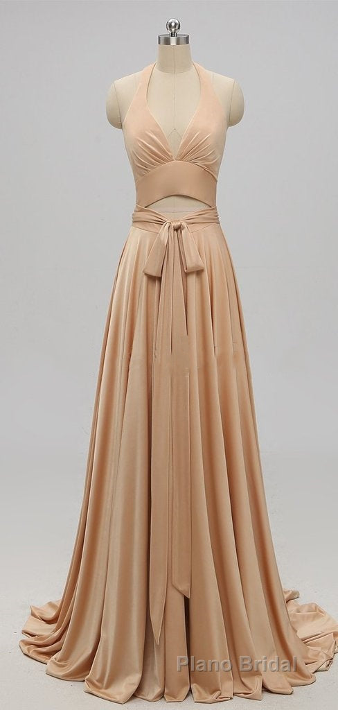 Elegant A-Line Sexy V Neck Gold Long Modest Side-Slit Bridesmaid Dresses Secondary image