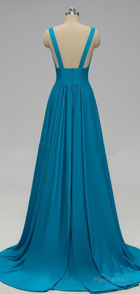 Elegant A-Line Sexy V Neck Gold Long Modest Side-Slit Blue Bridesmaid Dress Secondary image