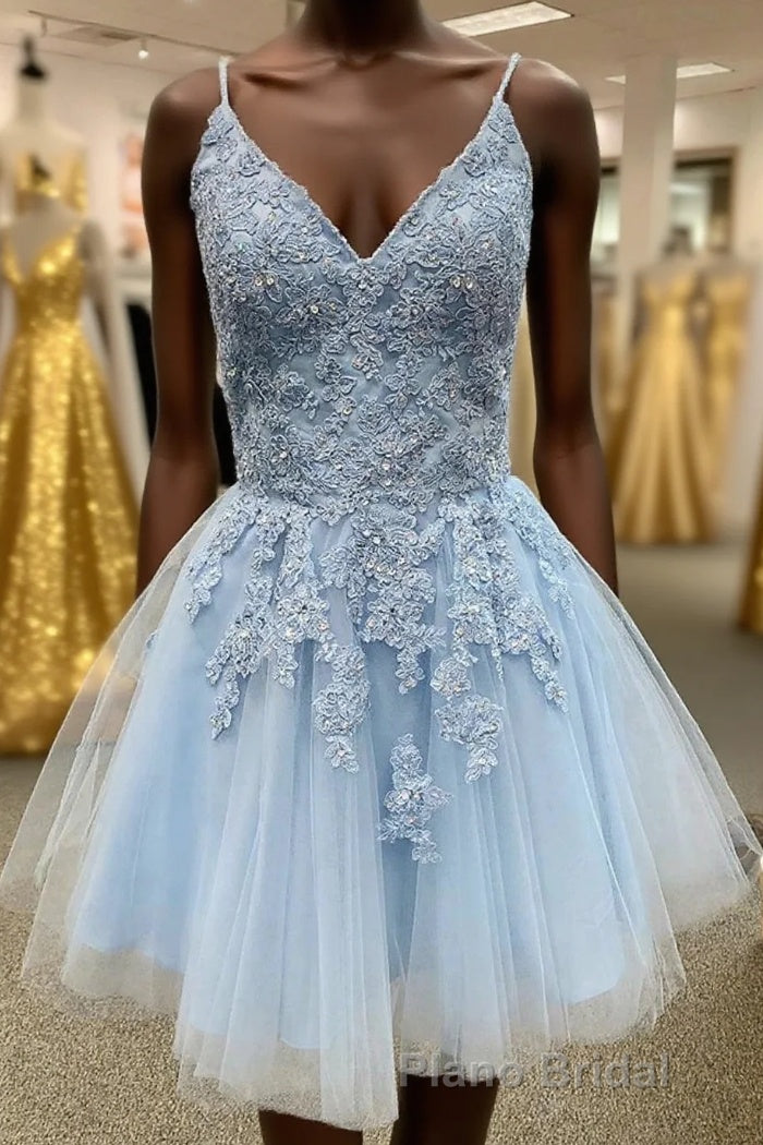 Blue Spaghetti Straps Homecoming Dresses With Appliques Main image