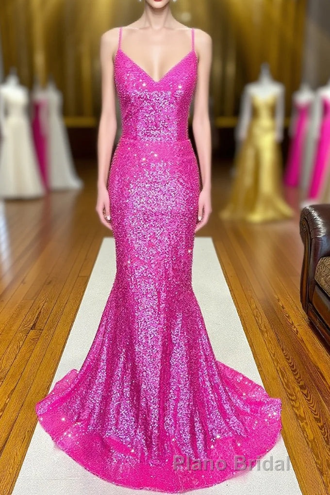 Fuchsia Mermaid Backless Sequined Formal Prom Dresses