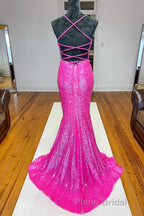 Fuchsia Mermaid Backless Sequined Formal Prom Dresses