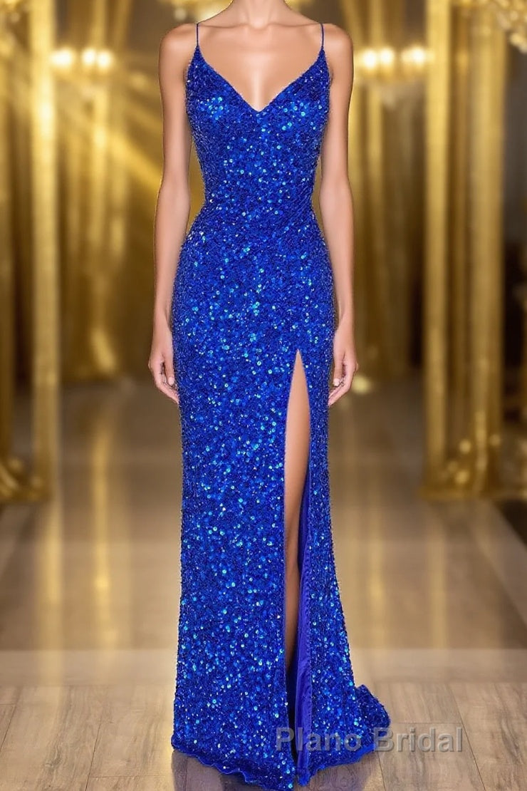 Mermaid Spaghetti Straps Royal Blue Sequins Long Formal Prom Dresses