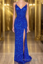 Mermaid Spaghetti Straps Royal Blue Sequins Long Formal Prom Dresses