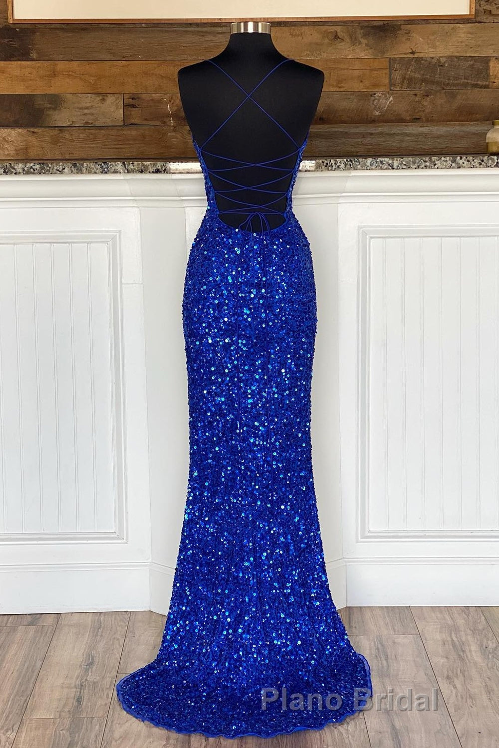 Mermaid Spaghetti Straps Royal Blue Sequins Long Formal Prom Dresses