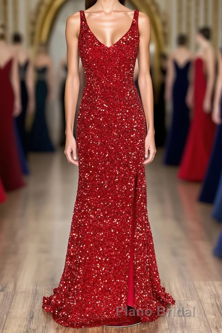 Sheath Spaghetti Straps Red Sequins Formal Prom Dresses with Split Front Main image