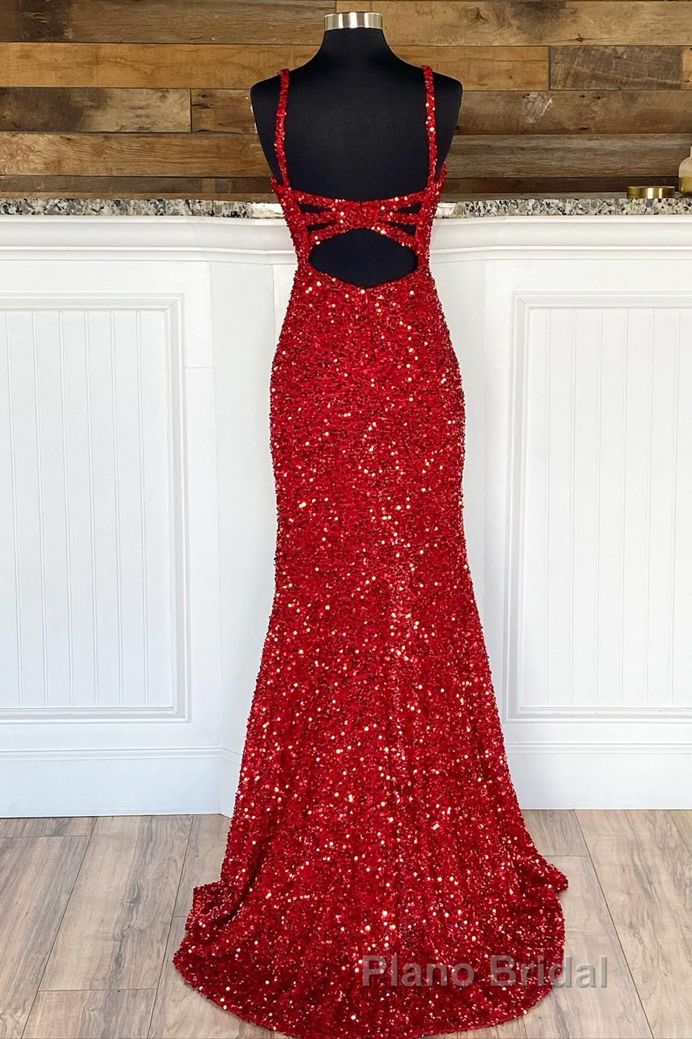 Sheath Spaghetti Straps Red Sequins Formal Prom Dresses with Split Front Secondary image
