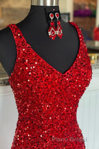 Sheath Spaghetti Straps Red Sequins Formal Prom Dresses with Split Front