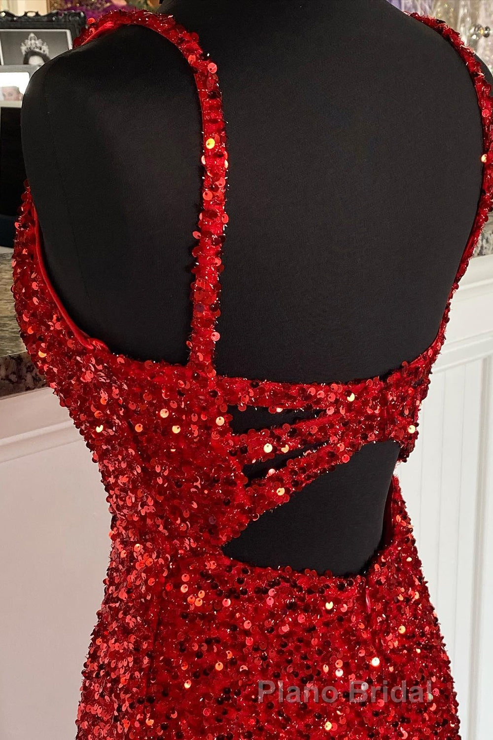 Sheath Spaghetti Straps Red Sequins Formal Prom Dresses with Split Front