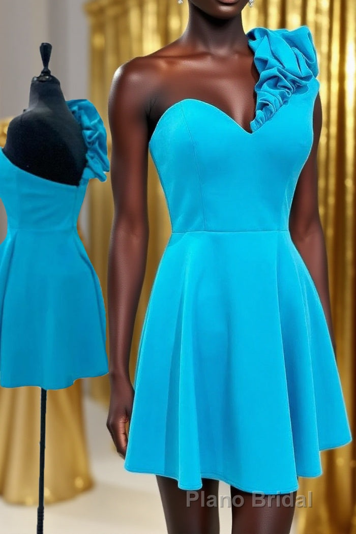 A Line One Shoulder Blue Short Homecoming Dresses