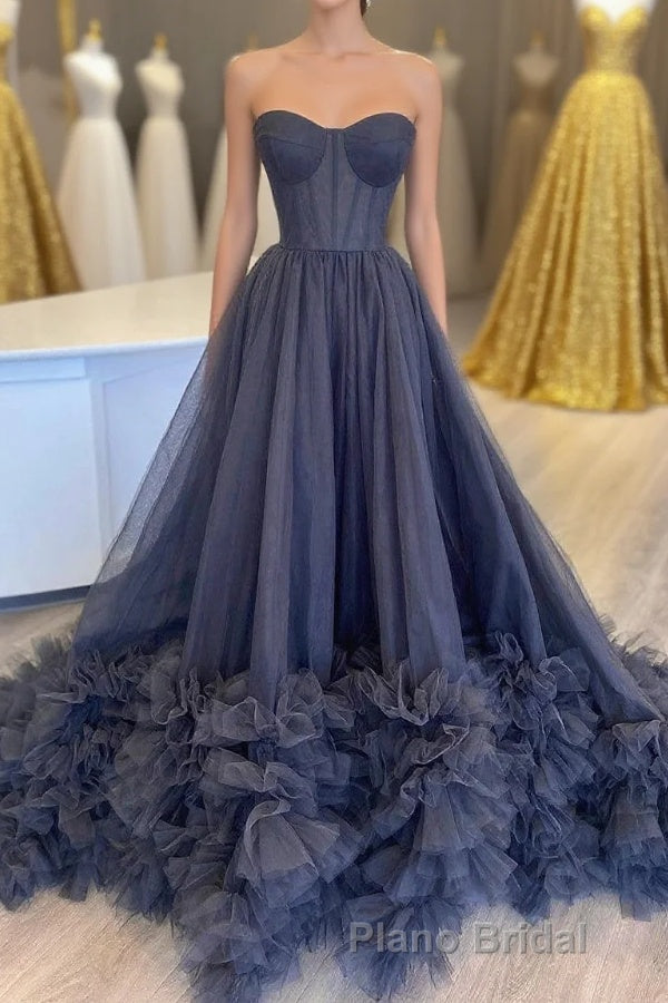 Black Corset Sweetheart Long Formal Prom Dresses with Ruffles Main image