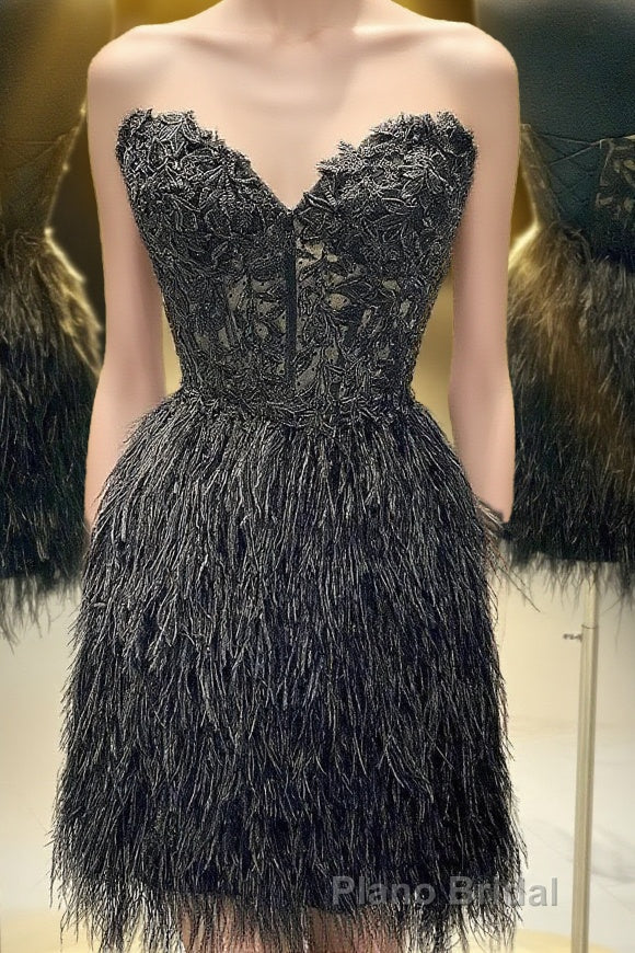 Black Lace Tight Short Homecoming Dresses with Feathers Main image
