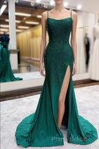 Mermaid Spaghettti Straps Dark Green Sequins Long Formal Prom Dresses with Split Front