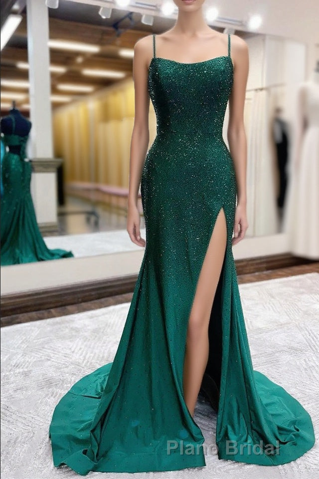 Mermaid Spaghettti Straps Dark Green Sequins Long Formal Prom Dresses with Split Front