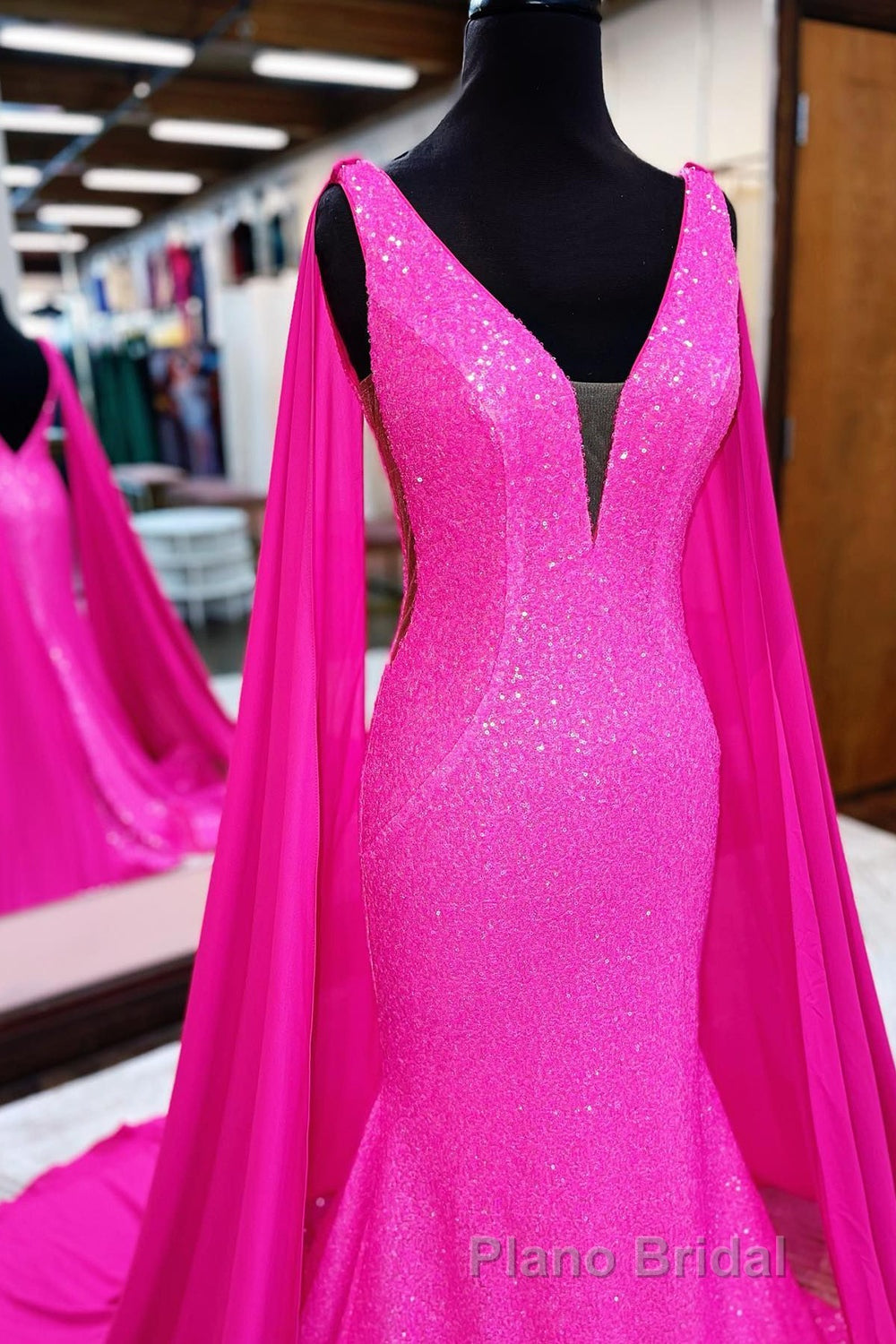 Hot Pink Mermaid Formal Prom Dresses With Wateau Train