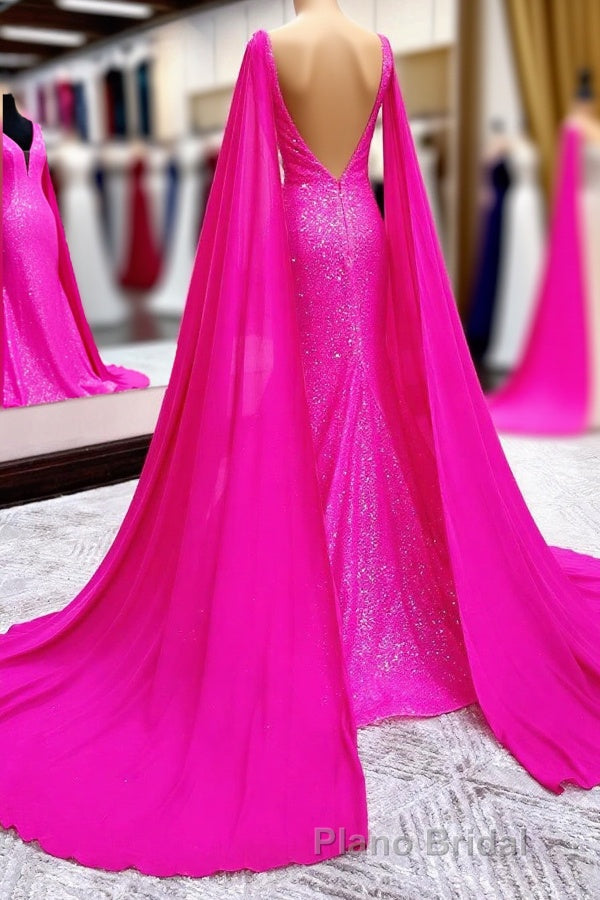 Hot Pink Mermaid Formal Prom Dresses With Wateau Train