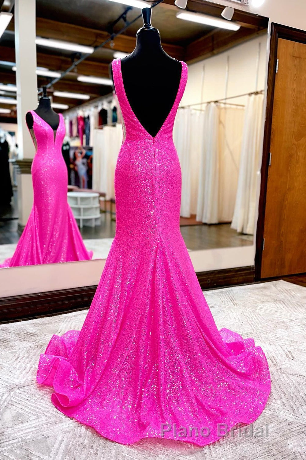 Hot Pink Mermaid Formal Prom Dresses With Wateau Train Secondary image