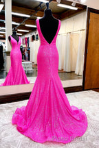 Hot Pink Mermaid Formal Prom Dresses With Wateau Train