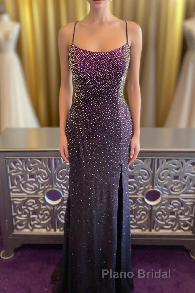 Dark Purple Lace-Up Back Mermaid Formal Prom Dresses with Beading Main image