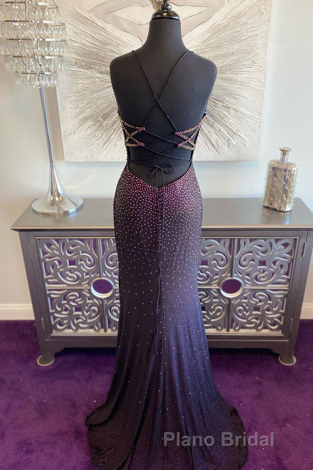 Dark Purple Lace-Up Back Mermaid Formal Prom Dresses with Beading