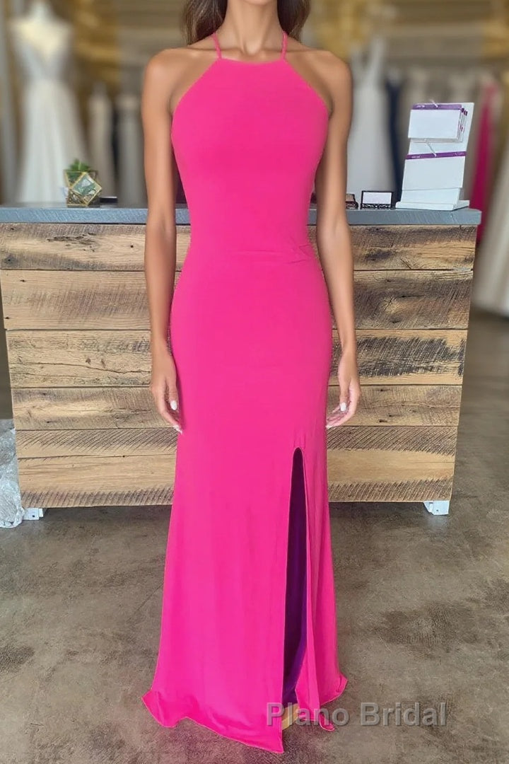 Sheath Halter Hot Pink Long Formal Prom Dresses with Silt Main image