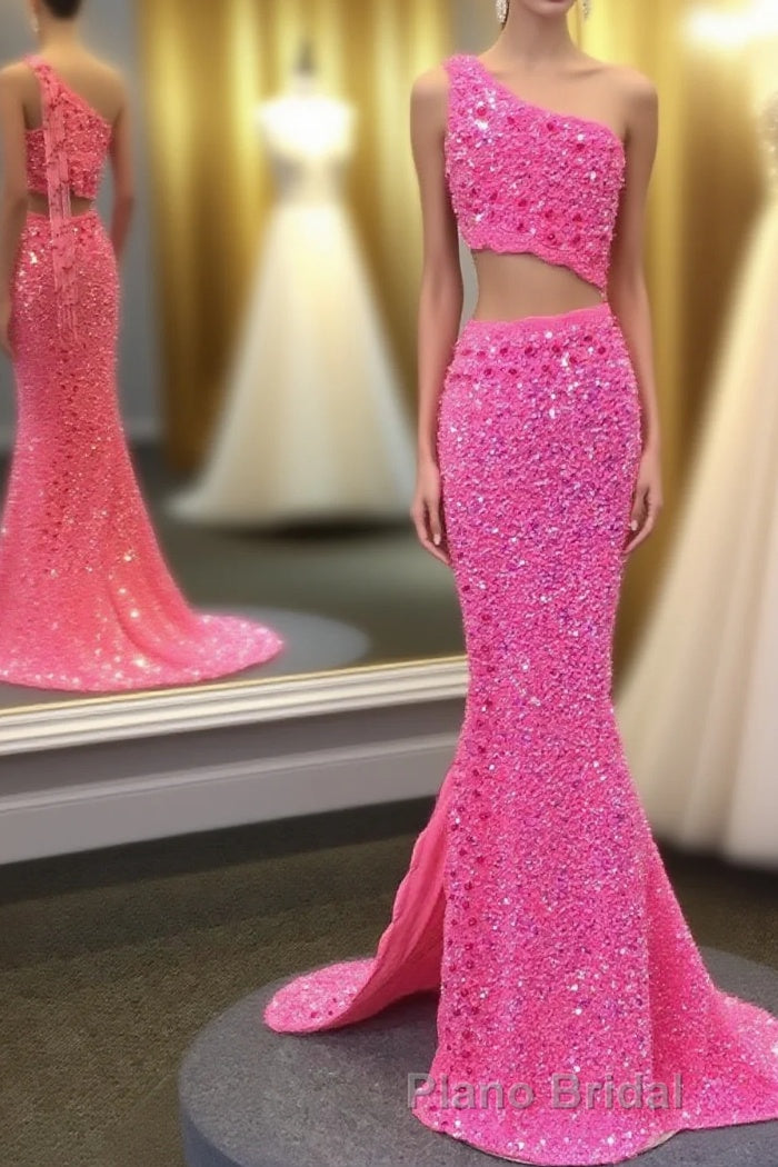 Hot Pink One Shoulder Sequins Formal Prom Dresses with Slit Main image